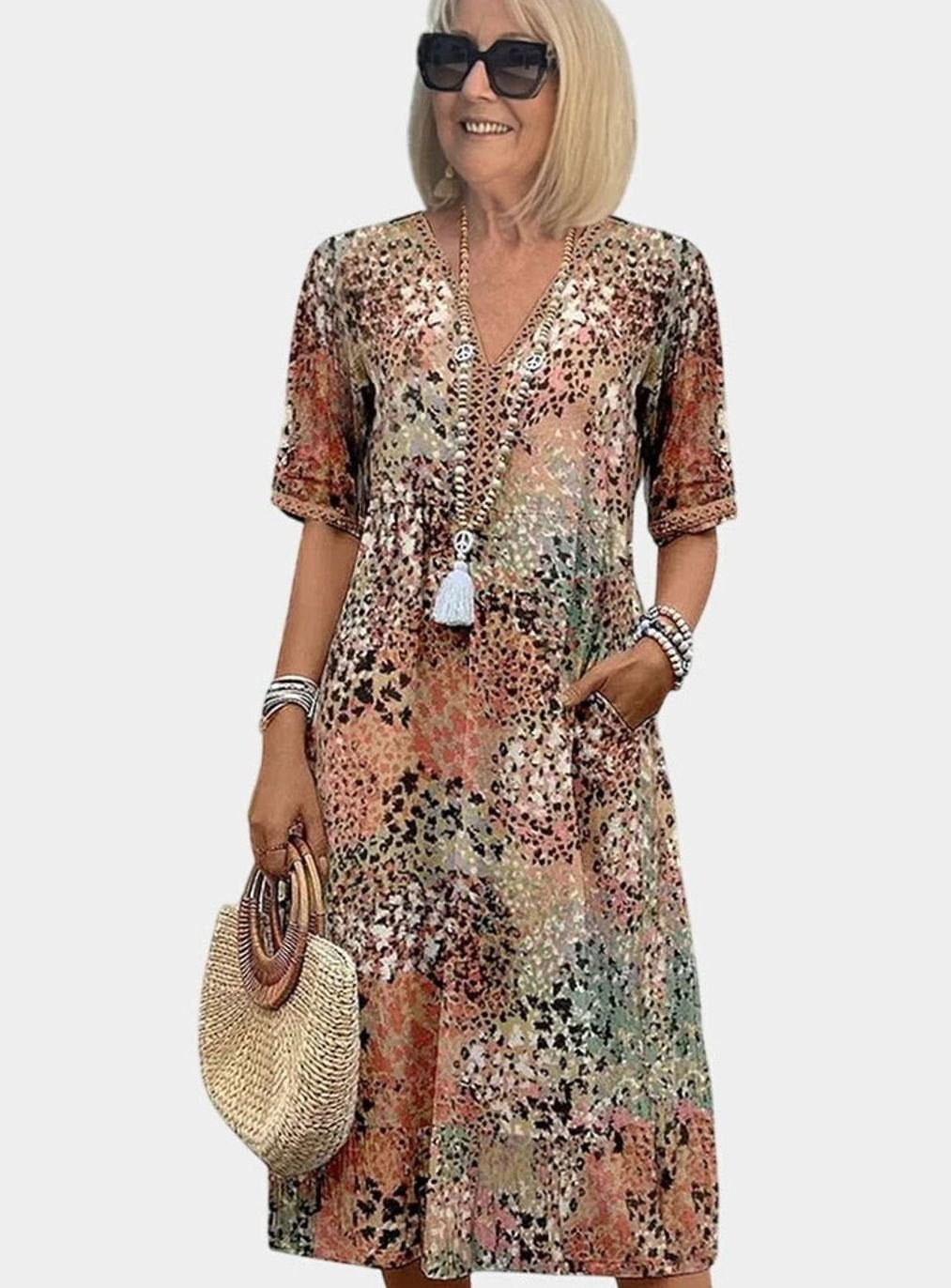 Women's Boho Floral V-Neck Short-Sleeve Midi Dress Pockets - Sandy Beige