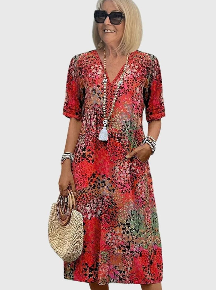 Women's Boho Floral V-Neck Short-Sleeve Midi Dress Pockets - Scarlet Red