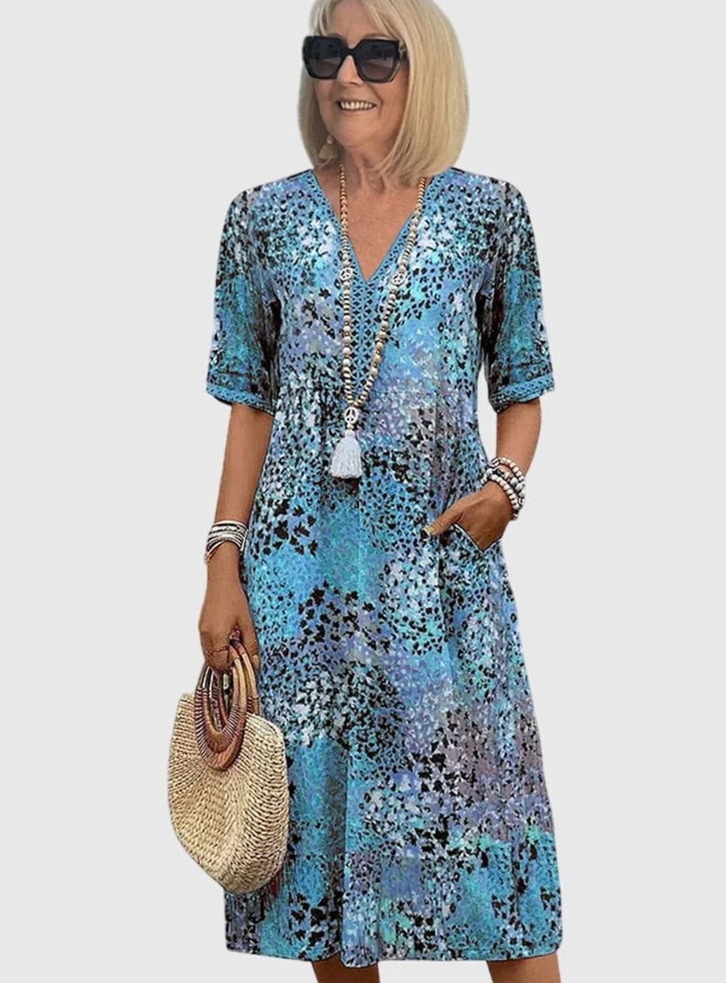 Women's Boho Floral V-Neck Short-Sleeve Midi Dress Pockets - Ocean Blue