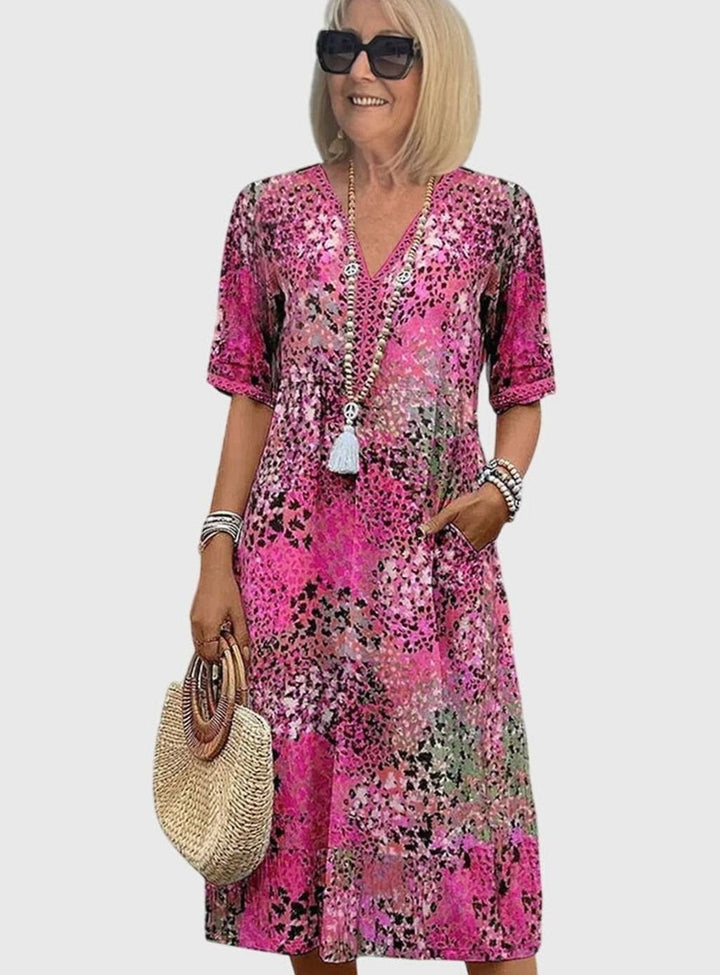 Women's Boho Floral V-Neck Short-Sleeve Midi Dress Pockets - Blush Pink