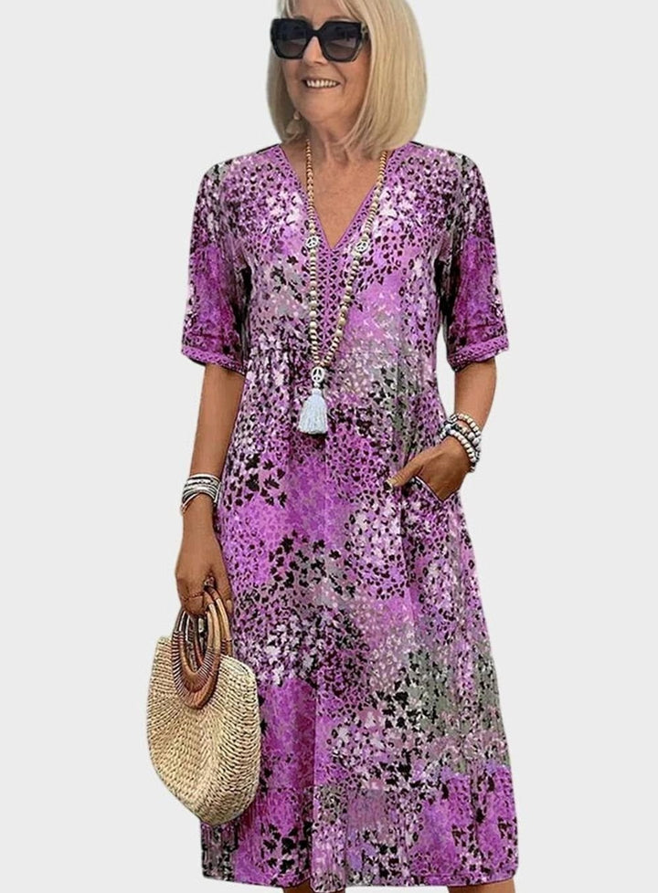 Women's Boho Floral V-Neck Short-Sleeve Midi Dress Pockets - Lavender Purple
