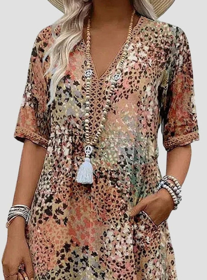 Women's Boho Floral V-Neck Short-Sleeve Midi Dress Pockets