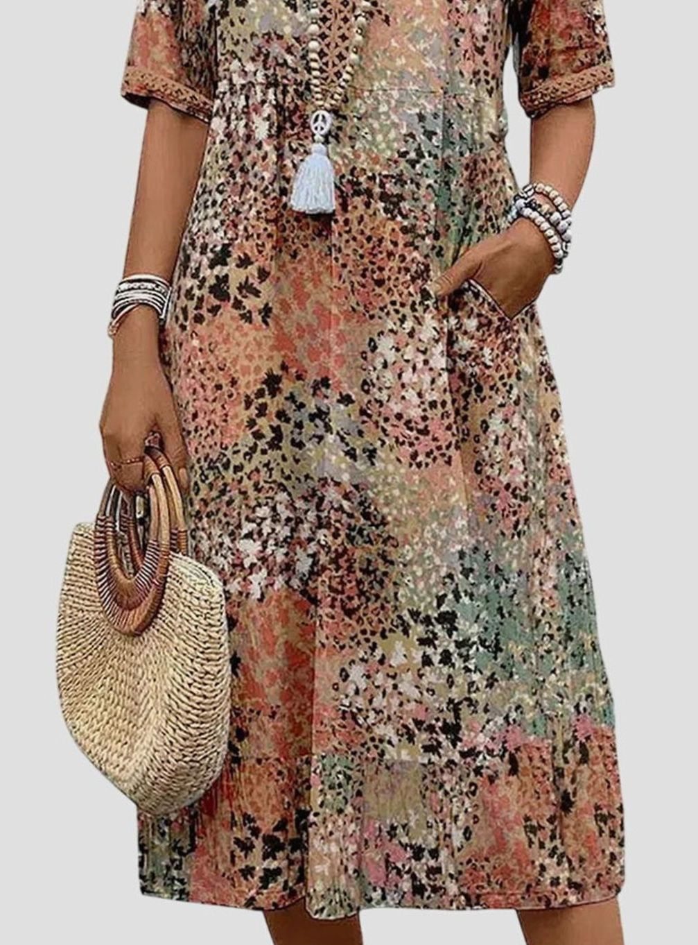 Women's Boho Floral V-Neck Short-Sleeve Midi Dress Pockets