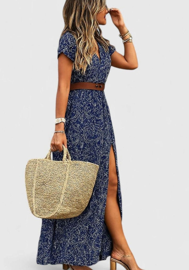 Women's Boho-Print Gathered-Waist Short-Sleeve Maxi Dress - Blue