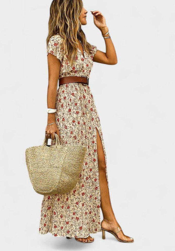 Women's Boho-Print Gathered-Waist Short-Sleeve Maxi Dress - Red