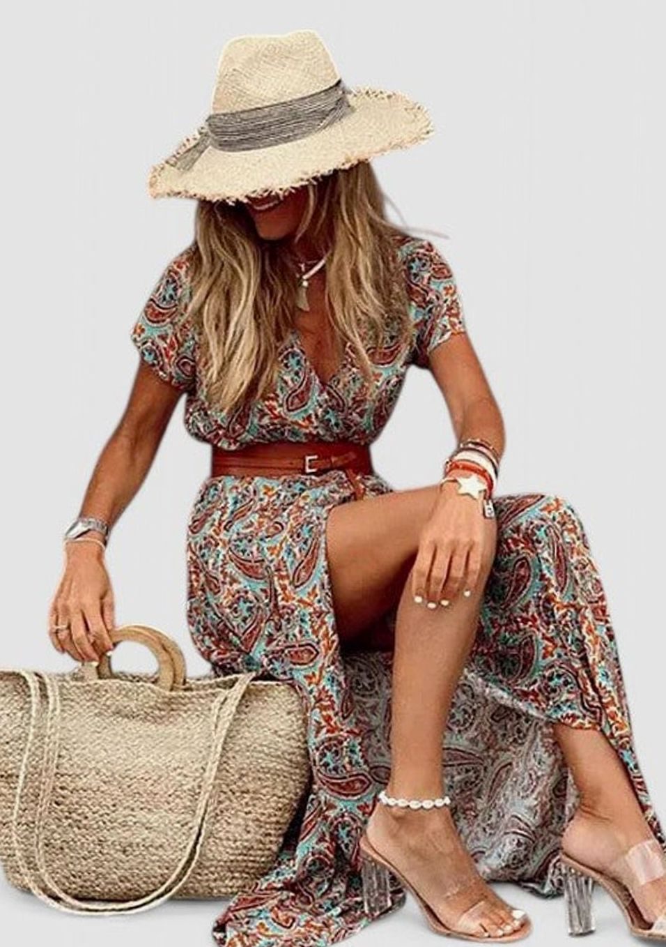 Women's Boho-Print Gathered-Waist Short-Sleeve Maxi Dress