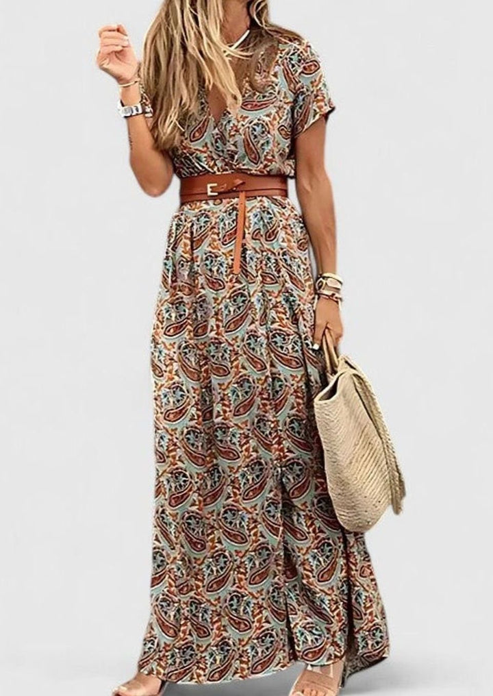 Women's Boho-Print Gathered-Waist Short-Sleeve Maxi Dress - Brown