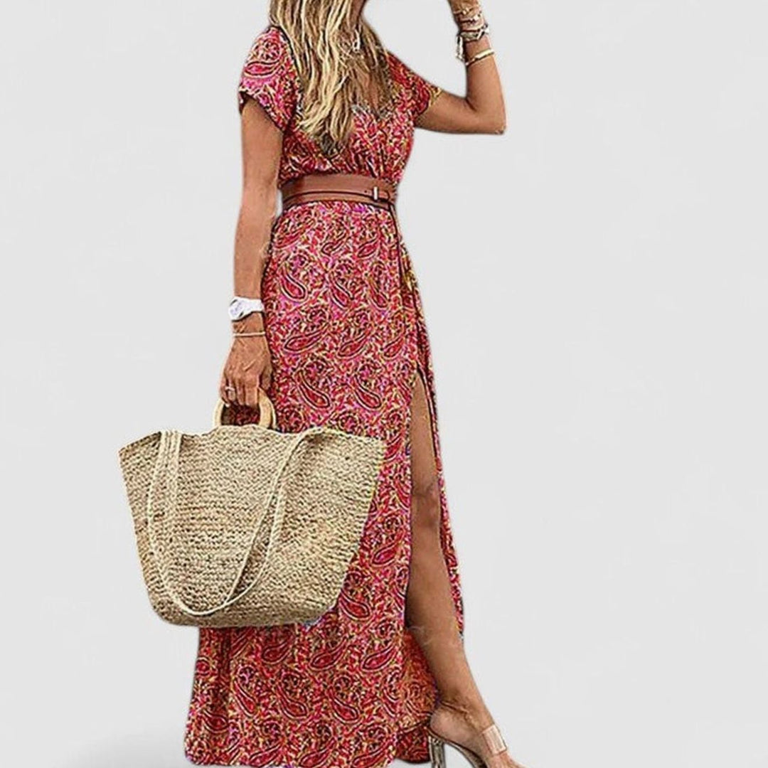 Women's Boho-Print Gathered-Waist Short-Sleeve Maxi Dress - Dark Red