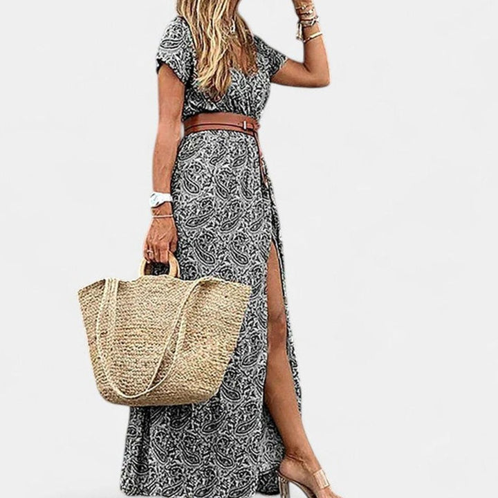 Women's Boho-Print Gathered-Waist Short-Sleeve Maxi Dress - Gray