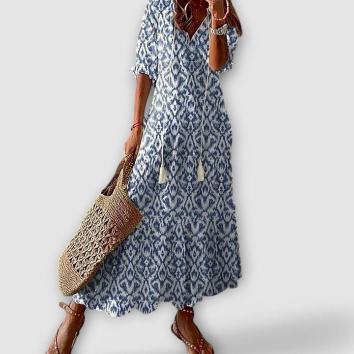 Women's Boho Printed V-Neck Tassel-Tie Maxi Dress - Sky Blue