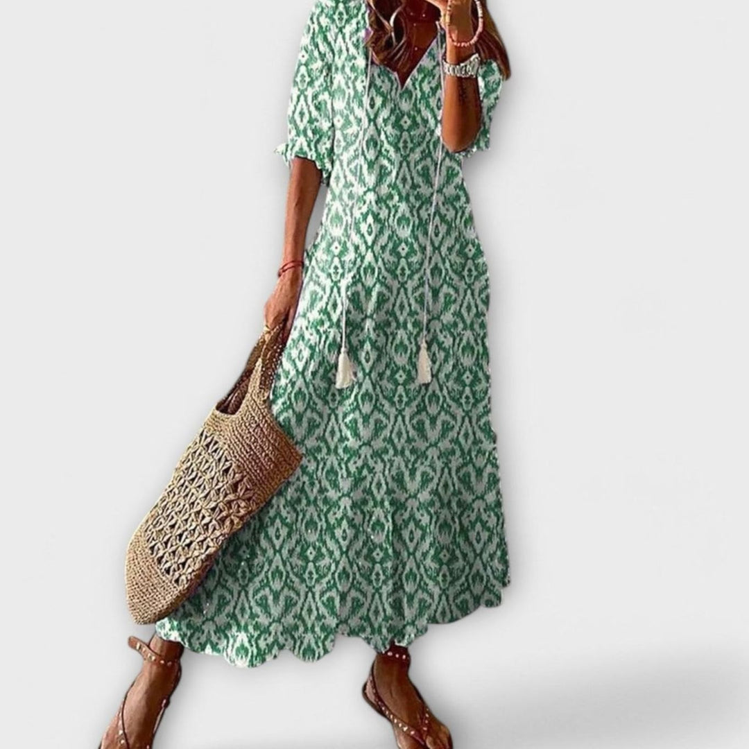 Women's Boho Printed V-Neck Tassel-Tie Maxi Dress - Green