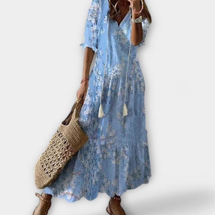 Women's Boho Printed V-Neck Tassel-Tie Maxi Dress - Light Blue