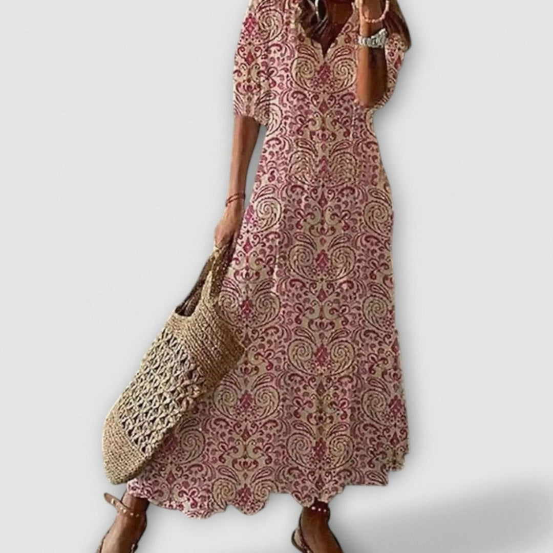 Women's Boho Printed V-Neck Tassel-Tie Maxi Dress - Pink