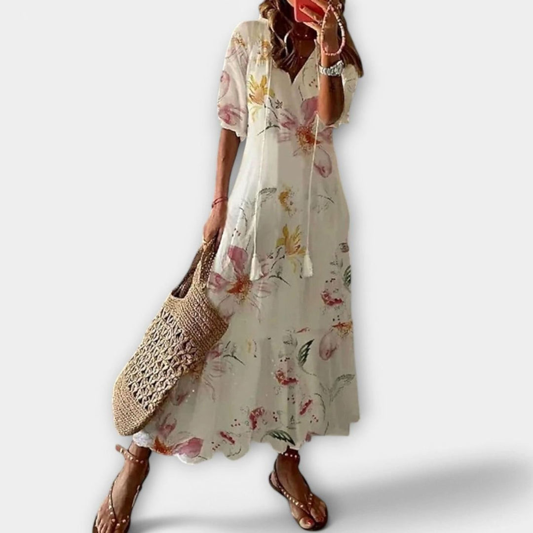 Women's Boho Printed V-Neck Tassel-Tie Maxi Dress - Beige