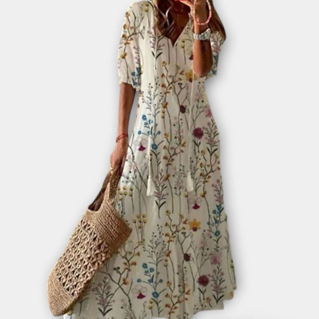 Women's Boho Printed V-Neck Tassel-Tie Maxi Dress - Multicolor