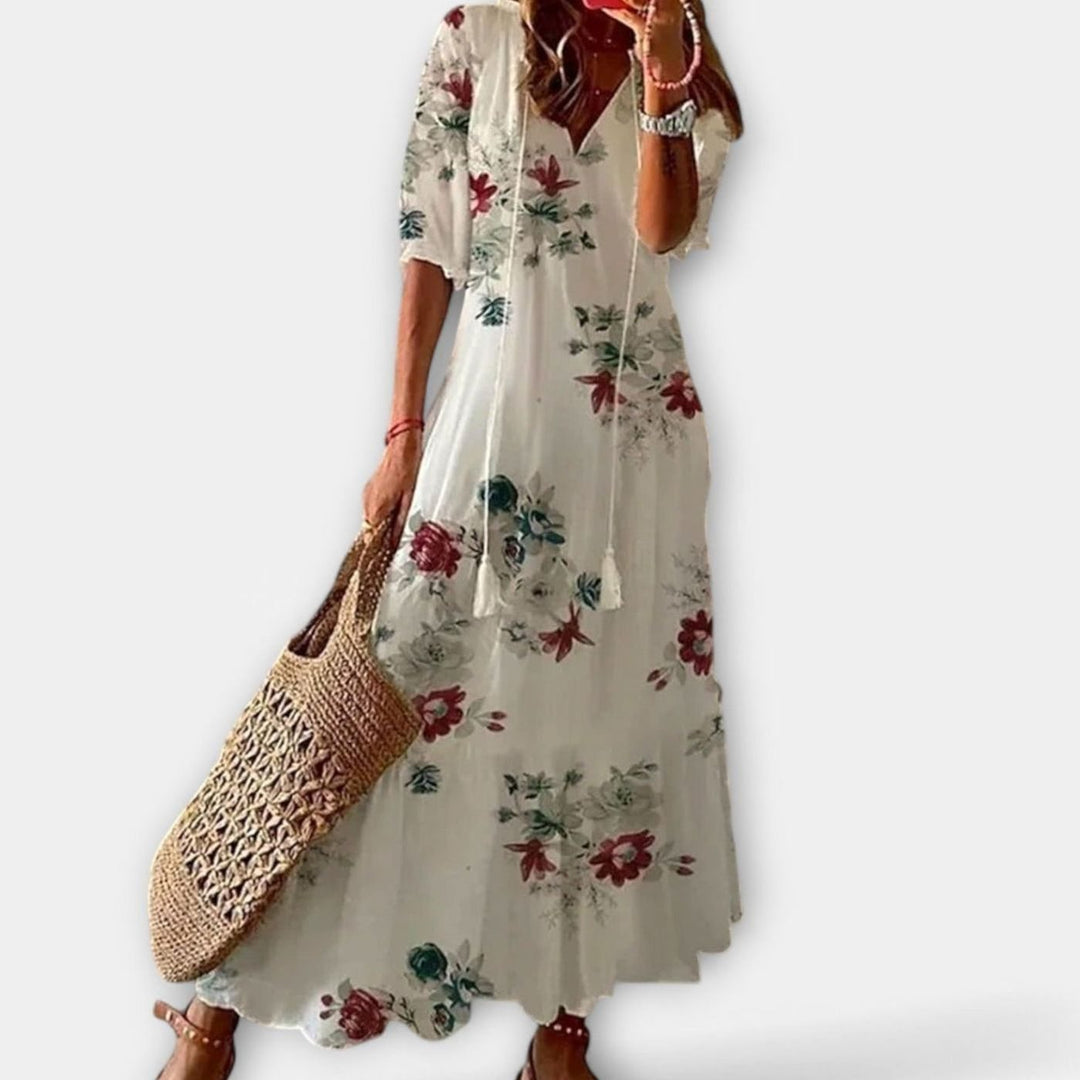 Women's Boho Printed V-Neck Tassel-Tie Maxi Dress - White