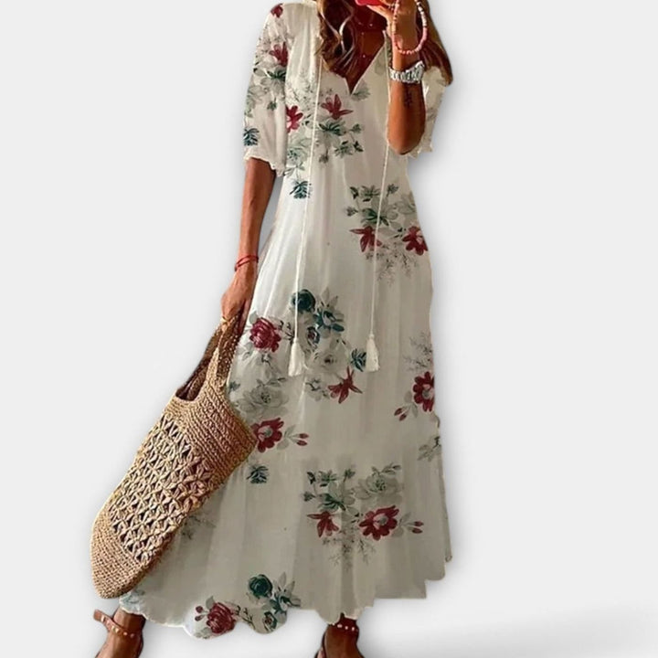 Women's Boho Printed V-Neck Tassel-Tie Maxi Dress - White