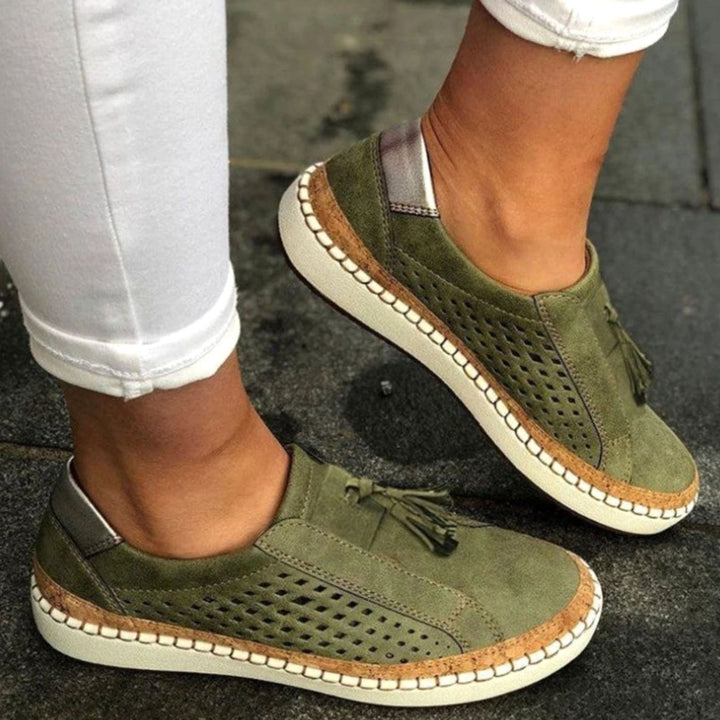 Women's Breathable Perforated Tassel Slip-On Shoes Arch Support - Green
