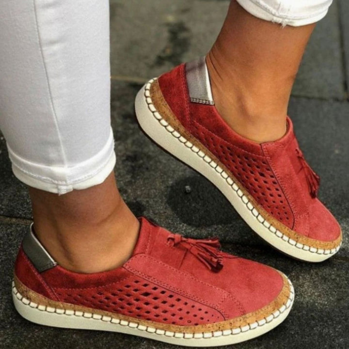 Women's Breathable Perforated Tassel Slip-On Shoes Arch Support - Red