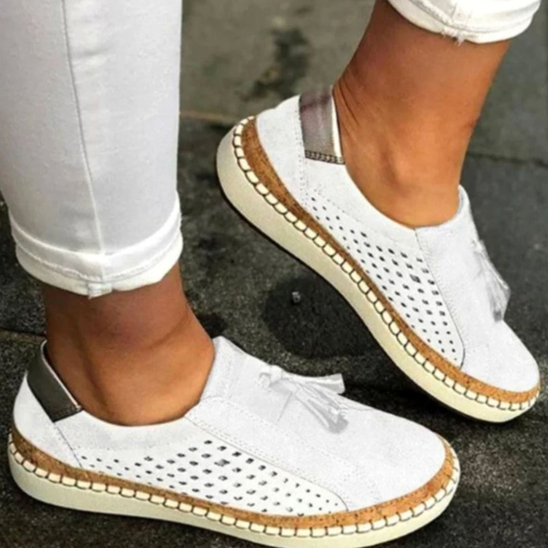 Women's Breathable Perforated Tassel Slip-On Shoes Arch Support - White