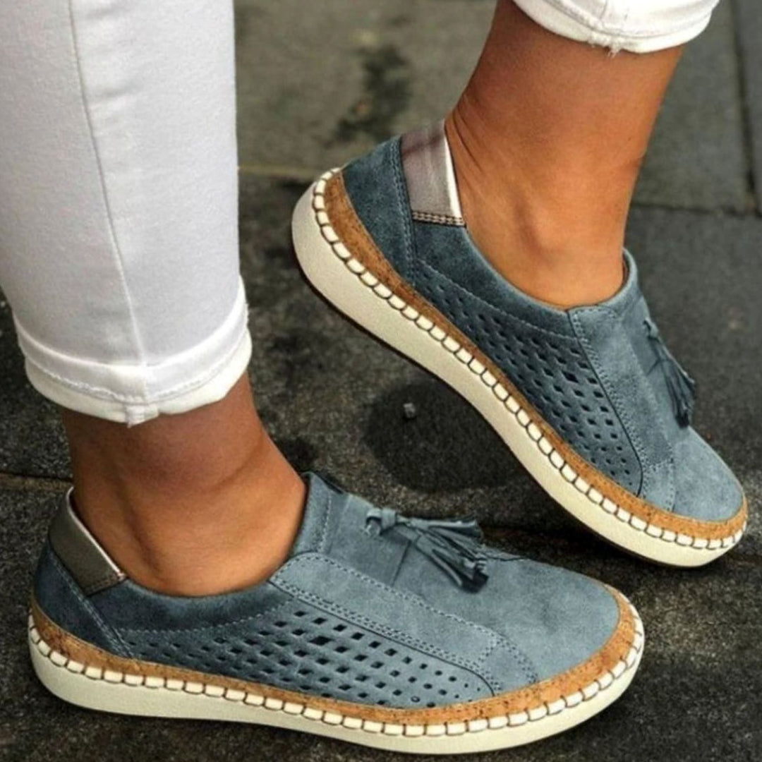 Women's Breathable Perforated Tassel Slip-On Shoes Arch Support - Navy