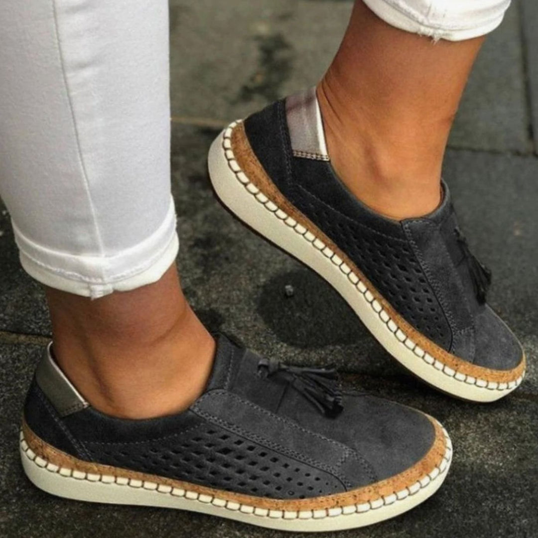 Women's Breathable Perforated Tassel Slip-On Shoes Arch Support - Black