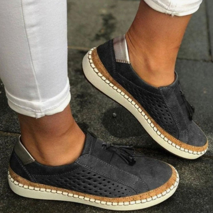 Women's Breathable Perforated Tassel Slip-On Shoes Arch Support - Black