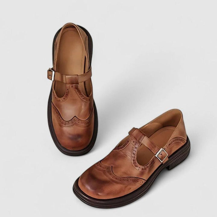 Women's Brogue T-Strap Mary Jane Shoes Orthopedic Non-Slip Sole - Brown
