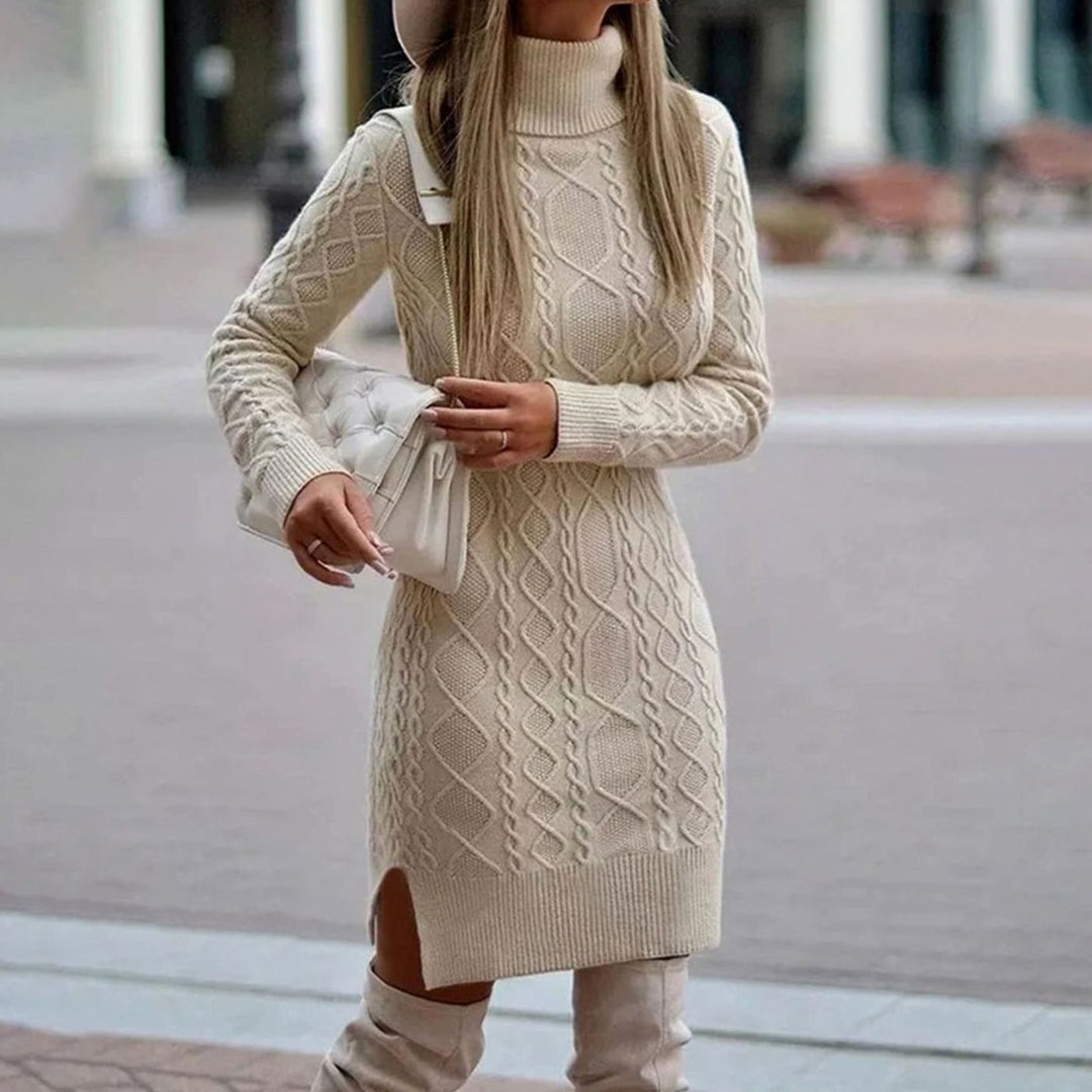 Women's Cable-Knit Long-Sleeve Turtleneck Dress - Beige