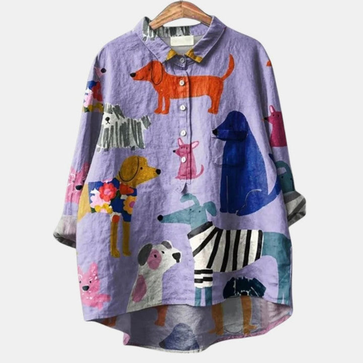 Women's Cartoon Dog Print Button-Down Everyday Blouse - Purple