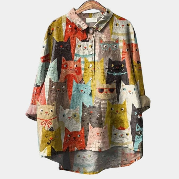 Women's Cartoon Dog Print Button-Down Everyday Blouse - Brown