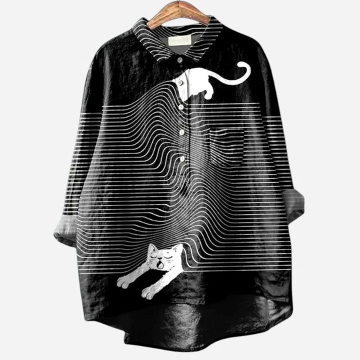 Women's Cartoon Dog Print Button-Down Everyday Blouse - Black