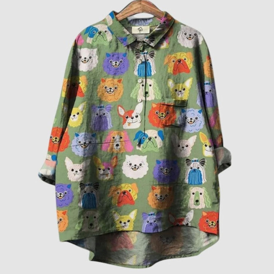 Women's Cartoon Dog Print Button-Down Everyday Blouse - Green