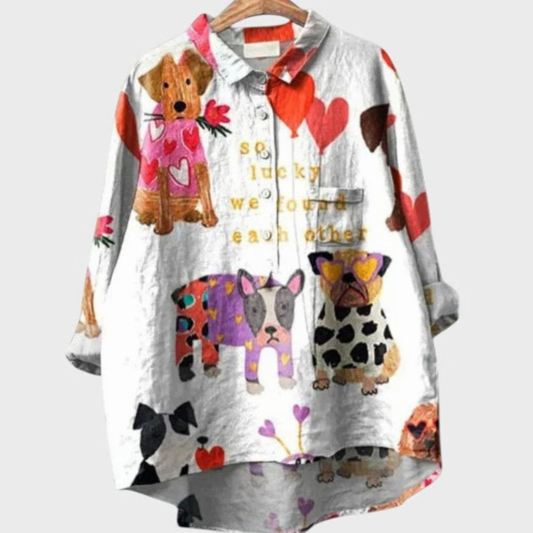 Women's Cartoon Dog Print Button-Down Everyday Blouse - Dog 1