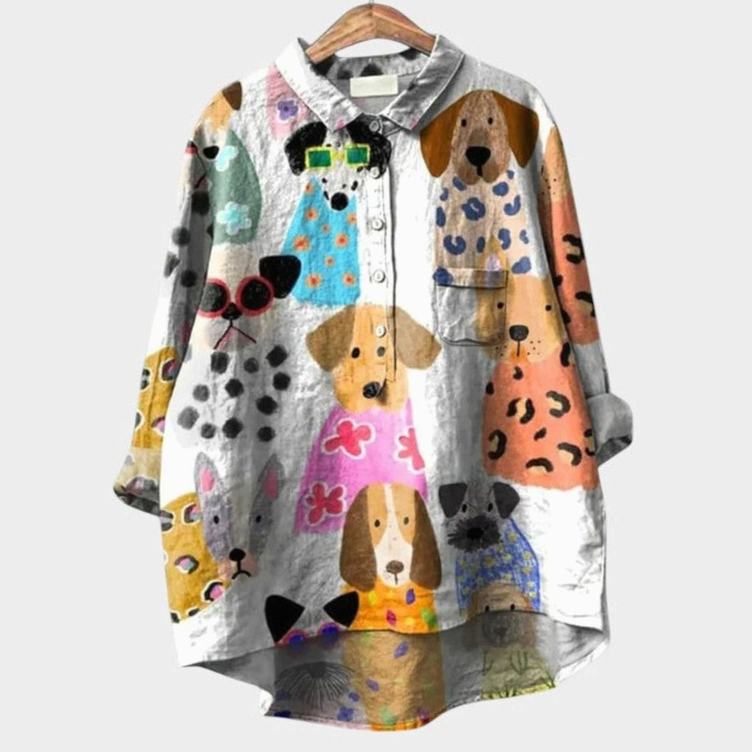 Women's Cartoon Dog Print Button-Down Everyday Blouse - Dog 2