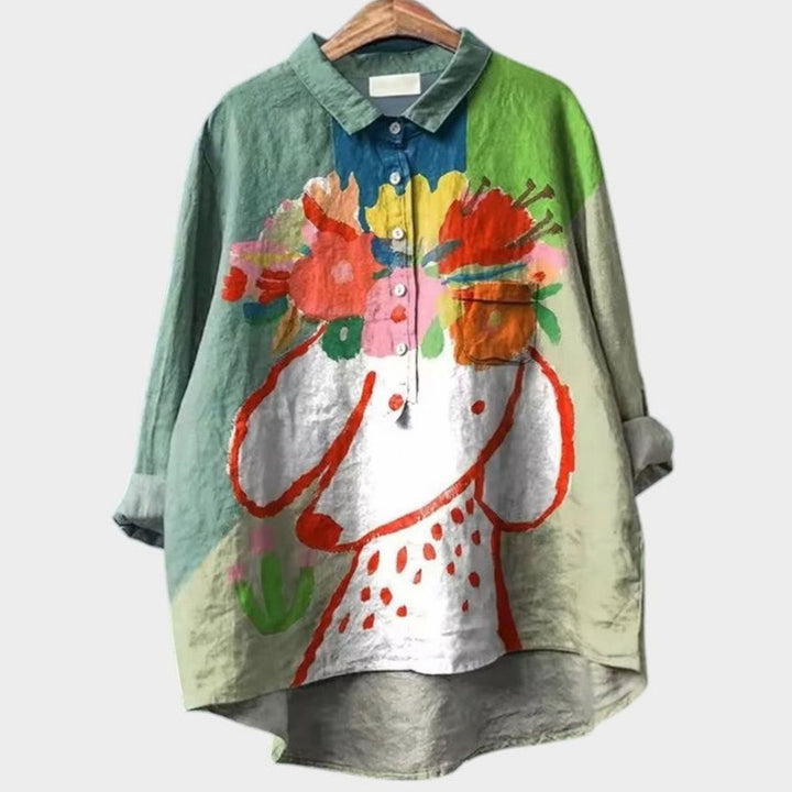 Women's Cartoon Dog Print Button-Down Everyday Blouse - Dog 3