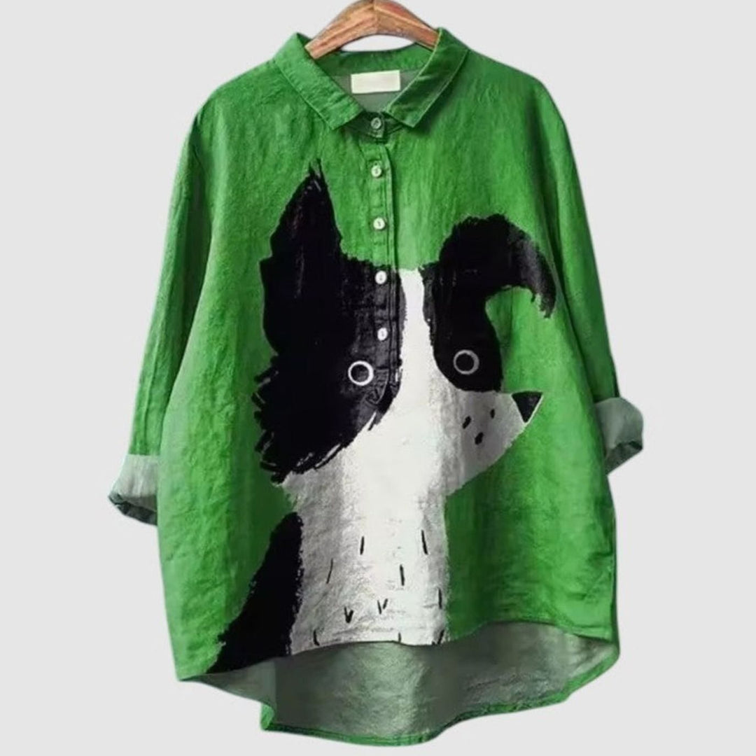 Women's Cartoon Dog Print Button-Down Everyday Blouse - Dog 4