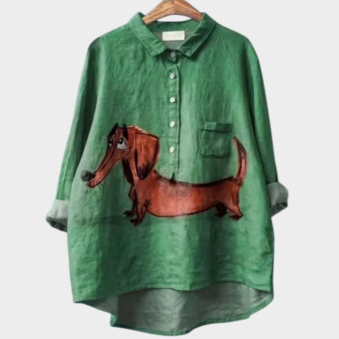 Women's Cartoon Dog Print Button-Down Everyday Blouse - Dog 5