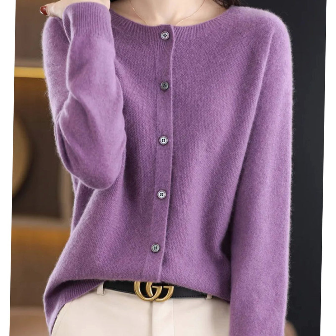 Women's Classic Crew-Neck Button Merino Wool Cardigan Sweater - Purple