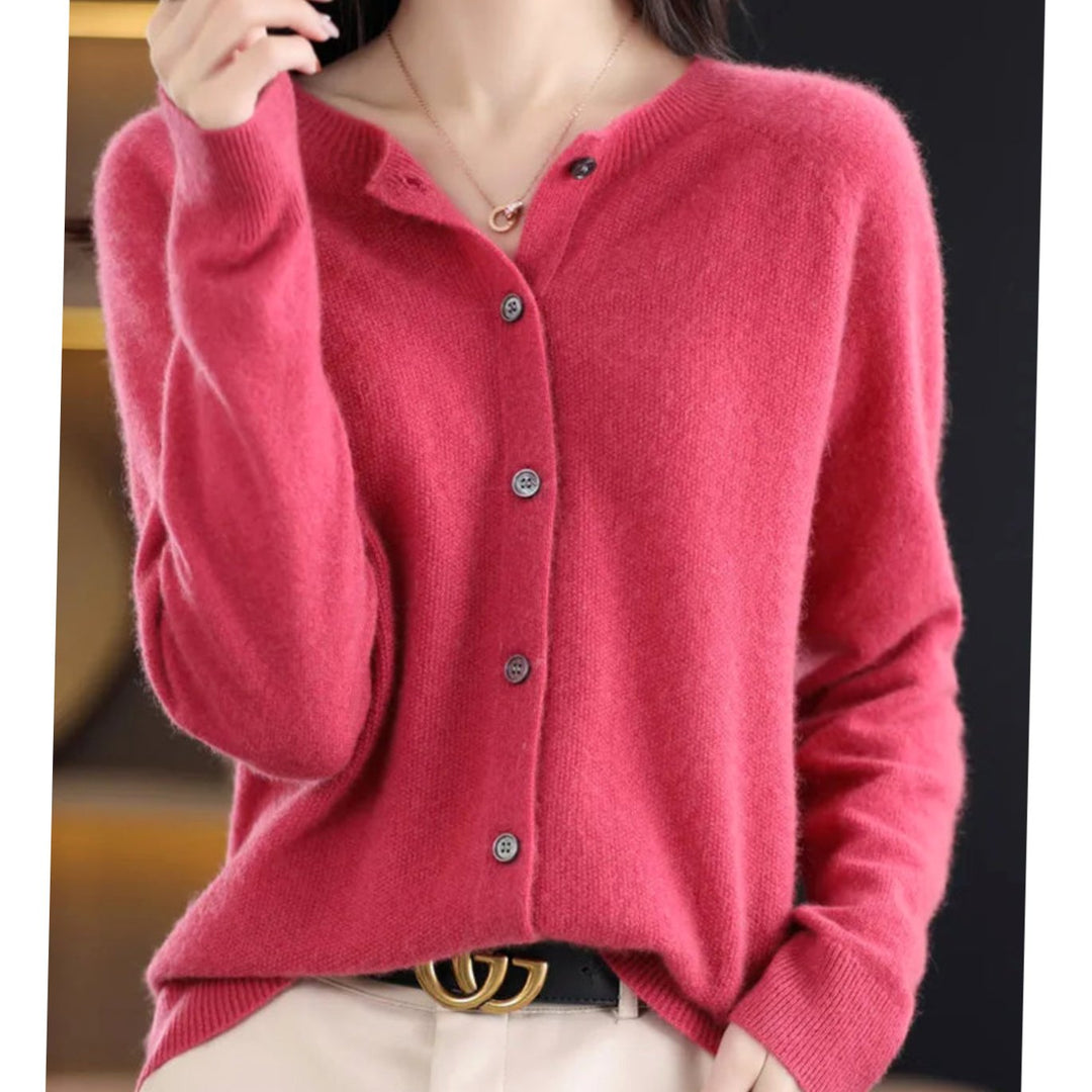 Women's Classic Crew-Neck Button Merino Wool Cardigan Sweater - Dark Pink
