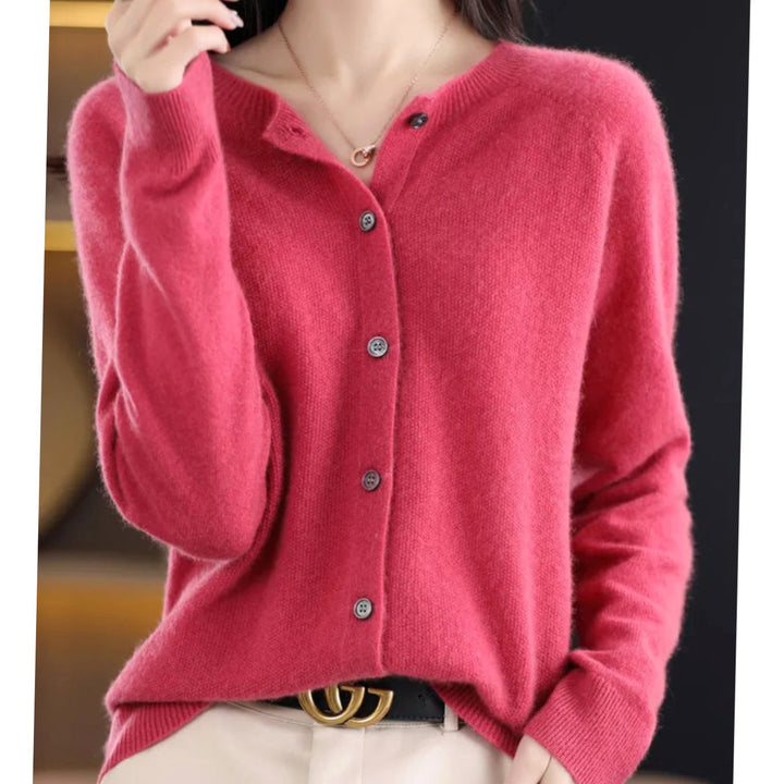 Women's Classic Crew-Neck Button Merino Wool Cardigan Sweater - Dark Pink