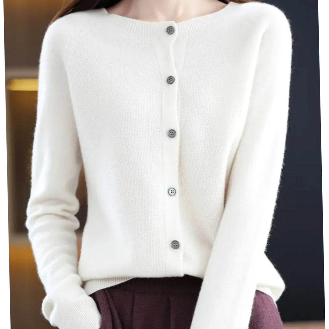 Women's Classic Crew-Neck Button Merino Wool Cardigan Sweater - White