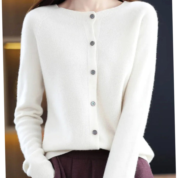 Women's Classic Crew-Neck Button Merino Wool Cardigan Sweater - White
