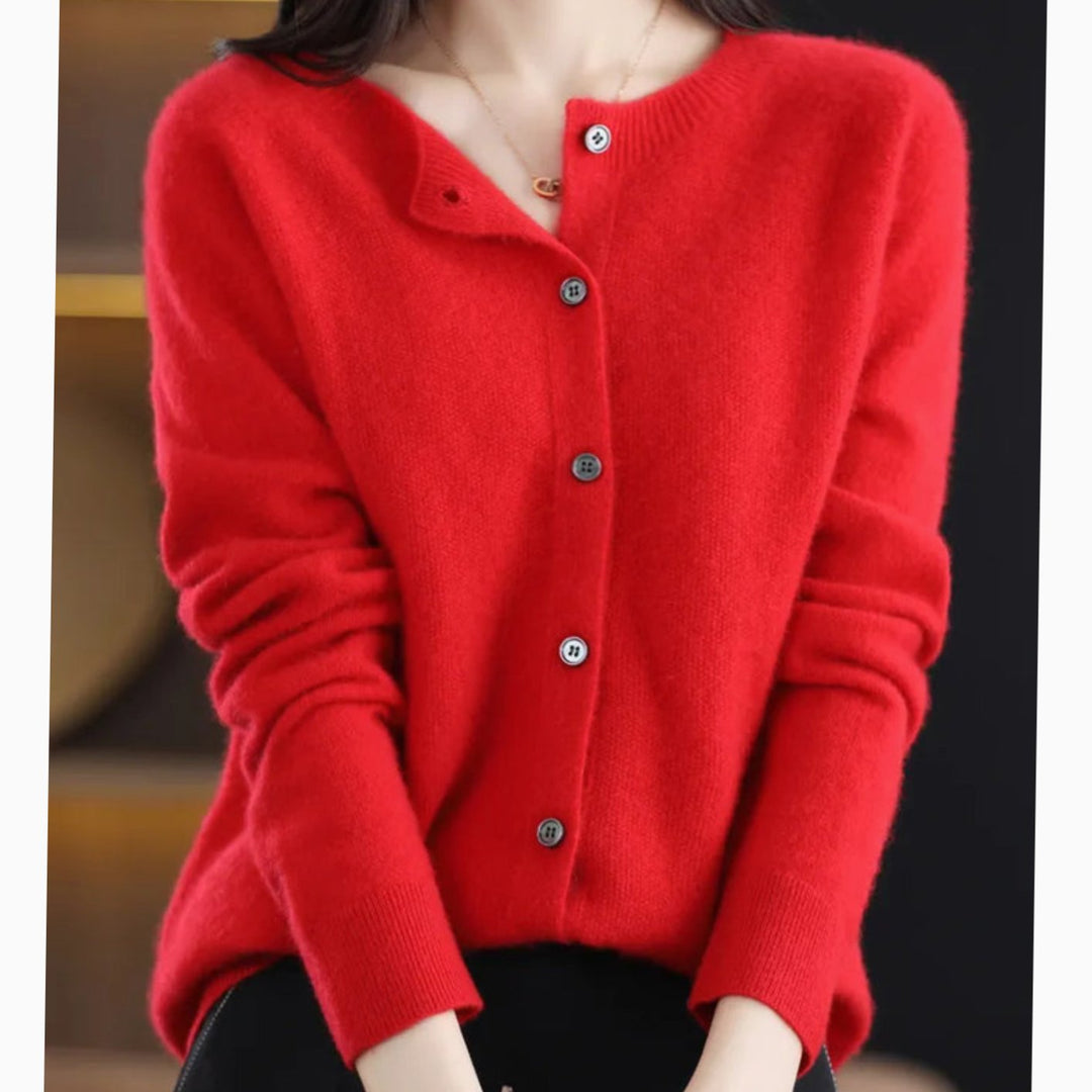 Women's Classic Crew-Neck Button Merino Wool Cardigan Sweater - Red