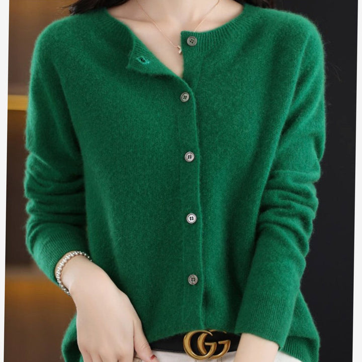 Women's Classic Crew-Neck Button Merino Wool Cardigan Sweater - Dark Green