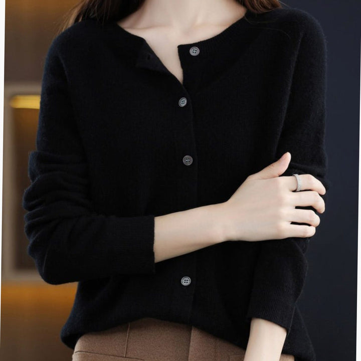 Women's Classic Crew-Neck Button Merino Wool Cardigan Sweater - Black