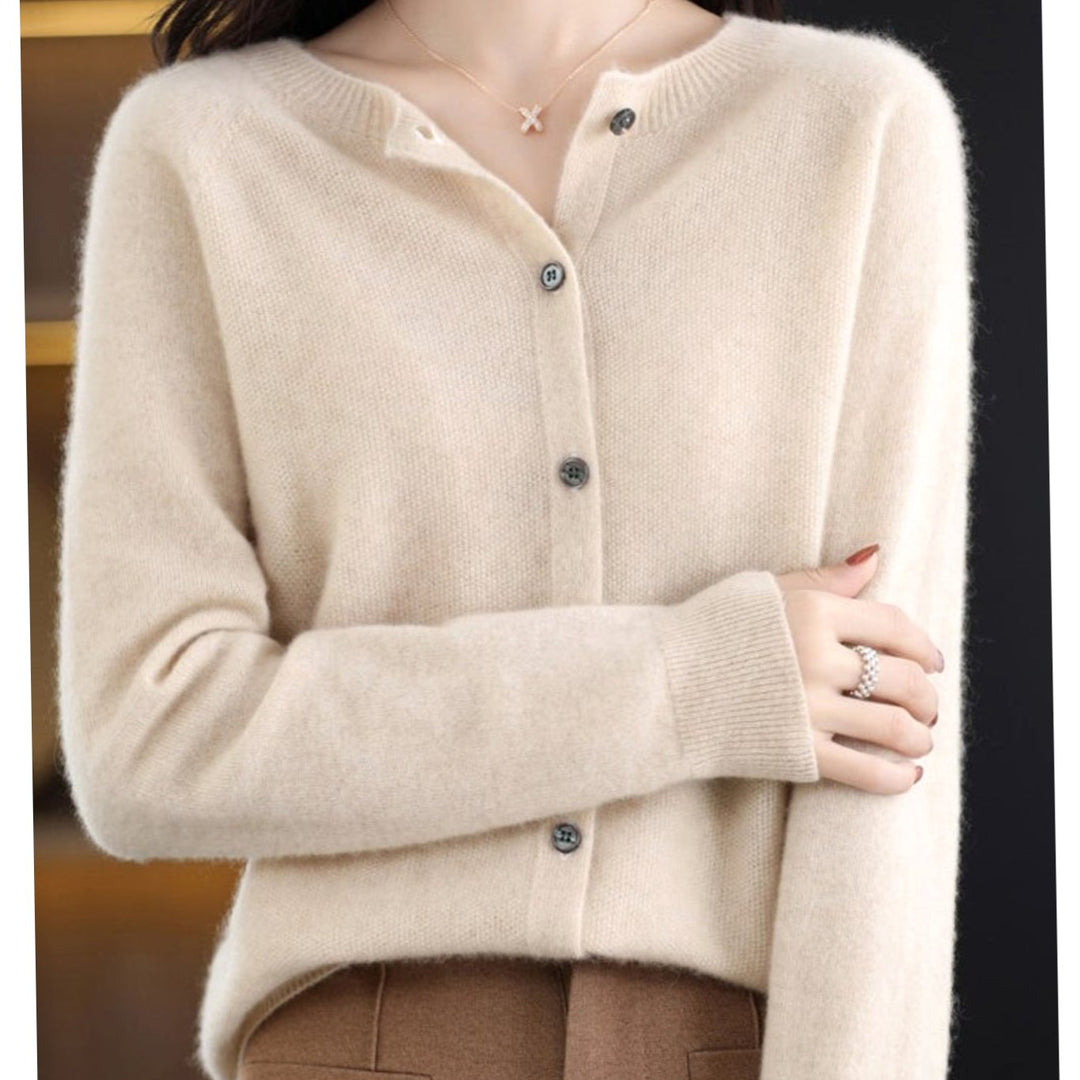 Women's Classic Crew-Neck Button Merino Wool Cardigan Sweater
