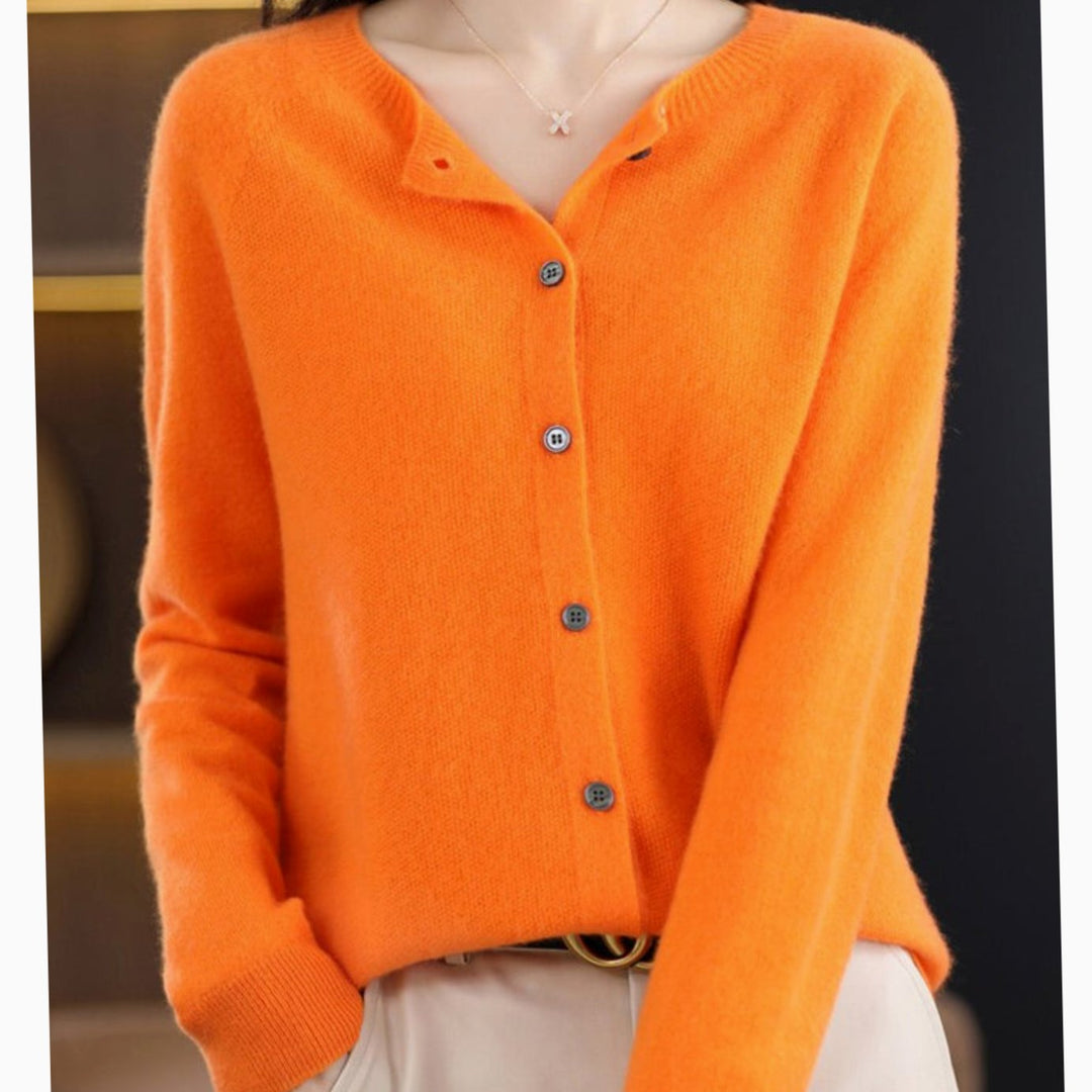 Women's Classic Crew-Neck Button Merino Wool Cardigan Sweater - Orange