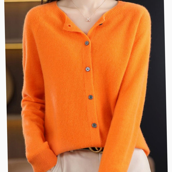 Women's Classic Crew-Neck Button Merino Wool Cardigan Sweater - Orange