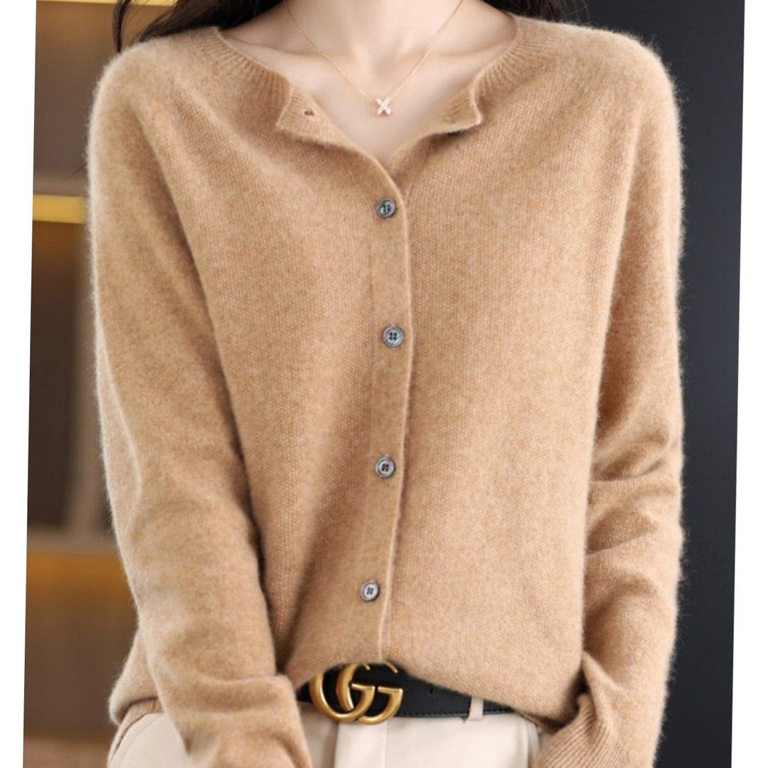 Women's Classic Crew-Neck Button Merino Wool Cardigan Sweater - Beige